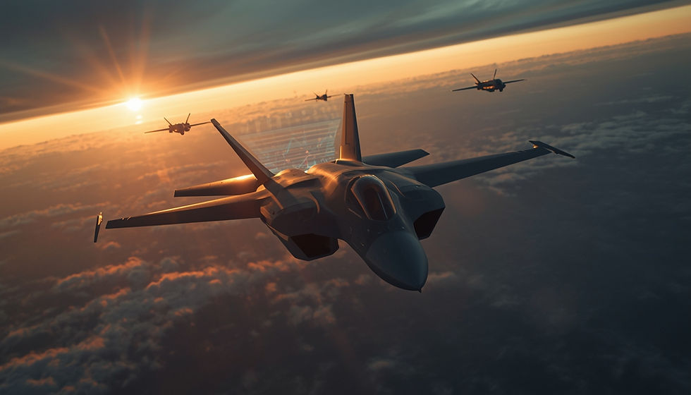 Indian AMCA stealth fighter concept flying alongside loyal wingman drones in a network-centric combat environment