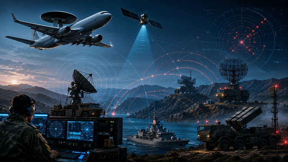 Electronic Intelligence aircraft, radar systems, satellites and military surveillance illustrating how ELINT detects enemy forces before combat begins.