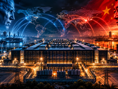 Massive AI data centre surrounded by power infrastructure and digital networks representing the strategic battle for computing power