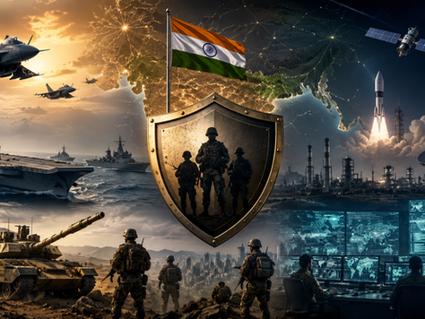 Illustration of a nation's comprehensive defence system integrating military forces, economy, industry, technology, diplomacy and national infrastructure