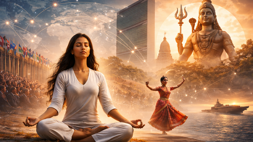 India soft power concept showing yoga, cultural diplomacy, and global influence alongside strategic and geopolitical elements