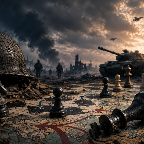 Strategic illustration showing global leaders studying a world map to represent long-term geopolitical strategy and grand strategic planning. Excerpt