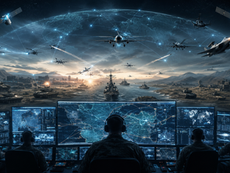 Military command center displaying real-time battlefield data, satellites, drones, radar systems, and network-centric warfare operations.
