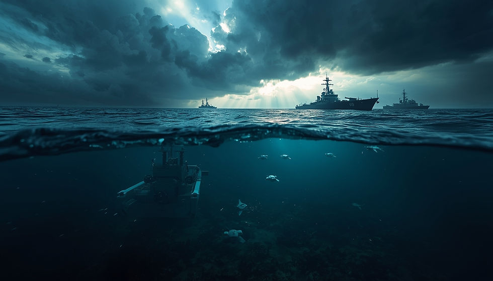 Anti-mine warfare operations with naval mine countermeasure vessels clearing sea mines in a strategic maritime chokepoint