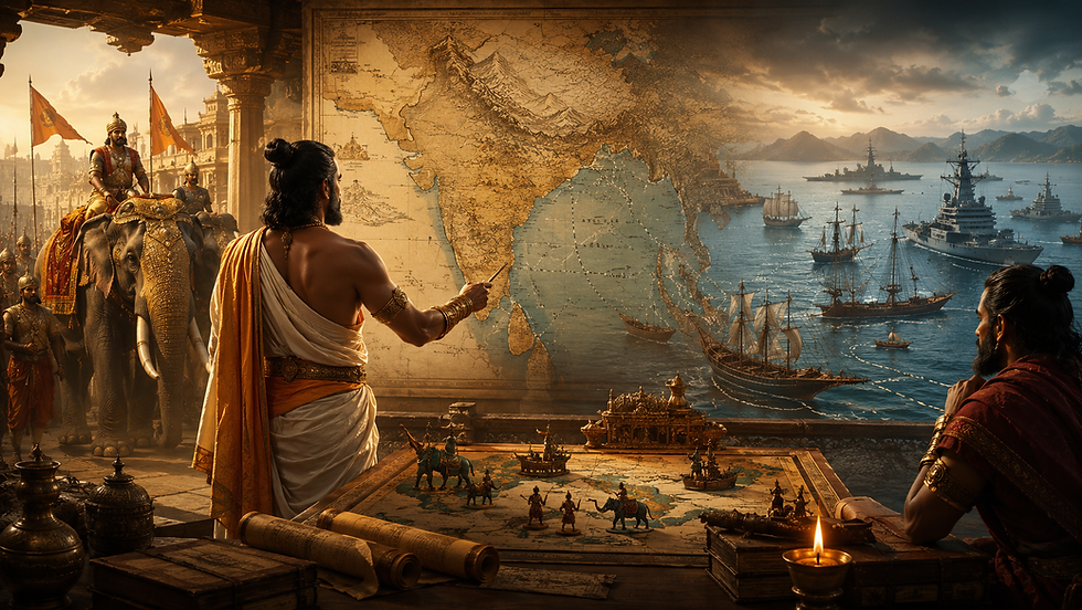 Ancient Indian strategist studying a geopolitical map of the Indian Ocean while naval fleets, war elephants, and maritime trade routes symbolize the strategic wisdom of ancient Indian statecraft.