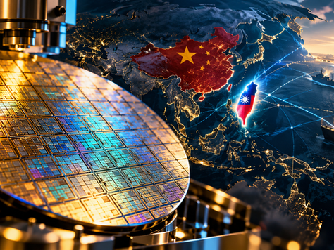 Semiconductor wafer containing advanced microchips, illustrating the geopolitical struggle over chip manufacturing, technological sovereignty and global power.