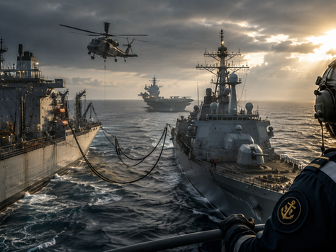 Indian Navy fleet support ship replenishing a frontline warship during replenishment at sea operation in the Indian Ocean.
