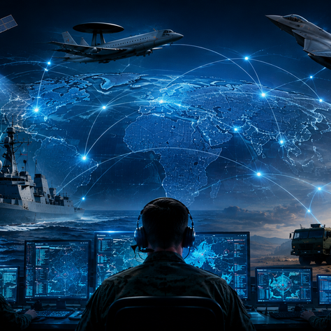 Command and control network connecting military sensors, aircraft, ships and missile systems