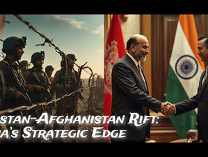 Thumbnail image showing Pakistan–Afghanistan border tensions with soldiers and barbed wire on the left, contrasted with an Afghan delegation shaking hands in New Delhi on the right, with the Indian tricolor in the background. Bold text reads: “Pakistan–Afghanistan Rift: India’s Strategic Edge.”