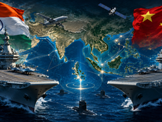 Indian and Chinese aircraft carriers facing each other over a map of the Indian Ocean with the Malacca Strait highlighted.