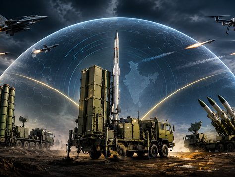 MRSAM Barak-8 missile launcher forming the critical middle layer of India's air defence network between Akash and S-400 systems, with radar coverage and incoming aerial threats depicted in a strategic military environment.