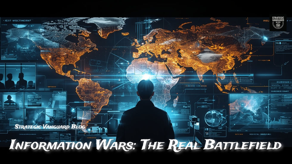 A realistic cinematic image showing a digital battlefield with holographic world maps, data streams, and intelligence screens, symbolizing information warfare and modern geopolitical conflict.