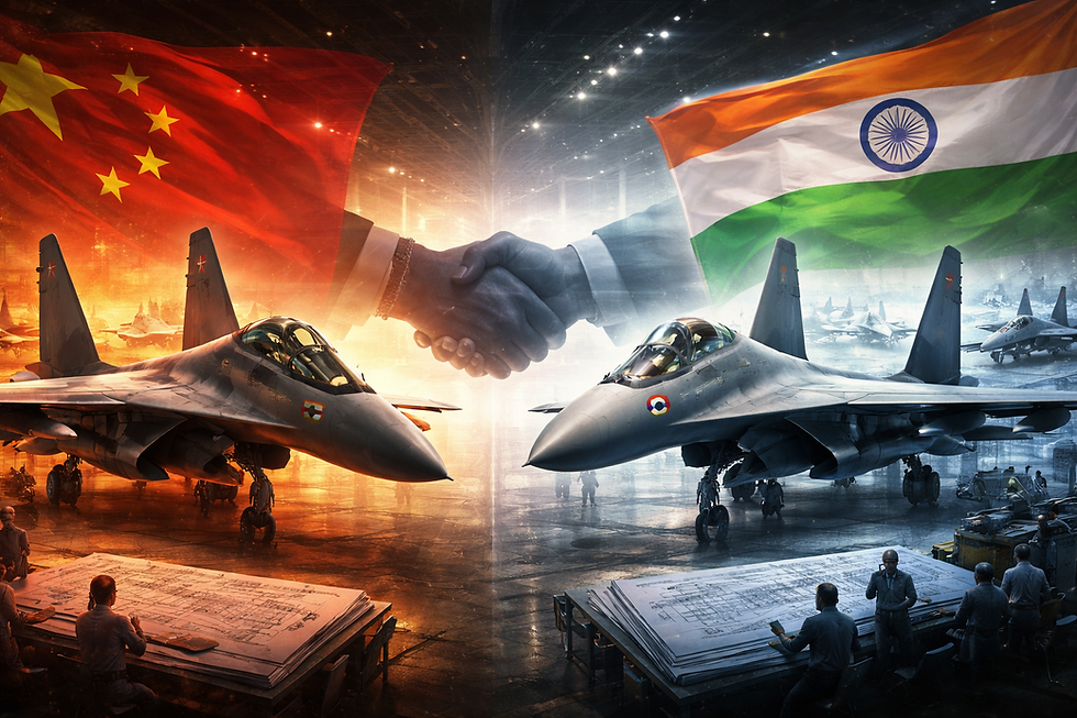 A split-scene defence aviation illustration showing Chinese and Indian fighter aircraft in separate hangars, with engineers, blueprints, and contrasting industrial atmospheres, symbolising different approaches to military technology development and international defence cooperation.