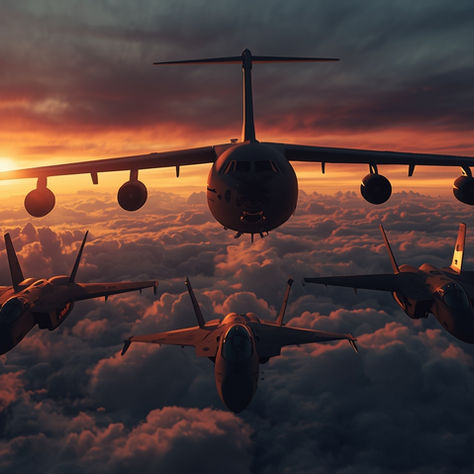 Aerial refuelling tanker transferring fuel to fighter jets mid-air demonstrating force multiplication in modern air warfare