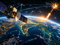 Space warfare battlefield with military satellites orbiting Earth