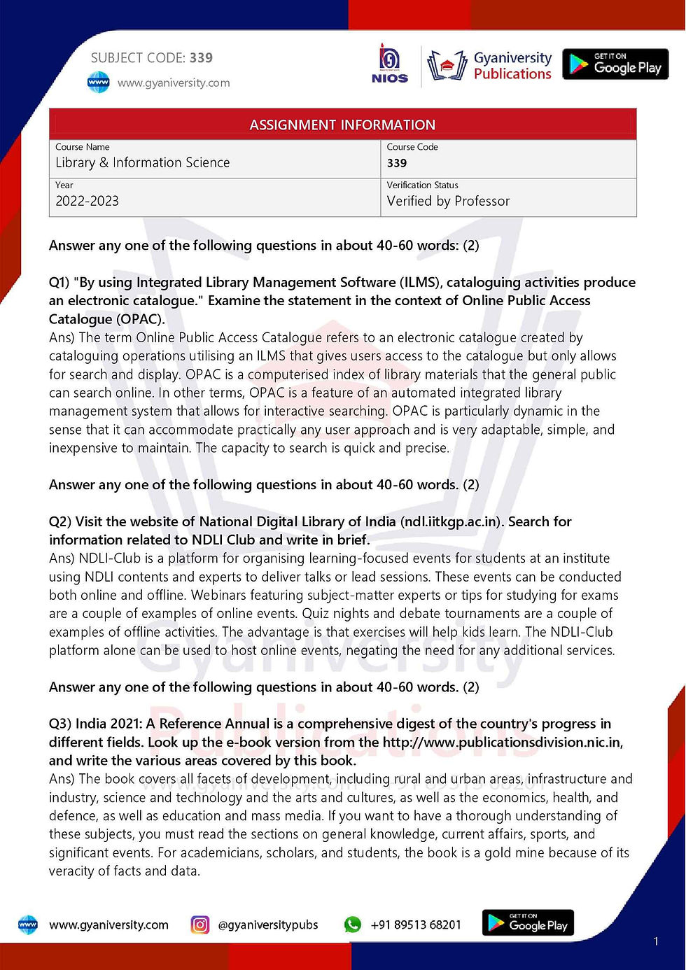 Thumbnail: NIOS-339: Library and Information Science (2022-23)