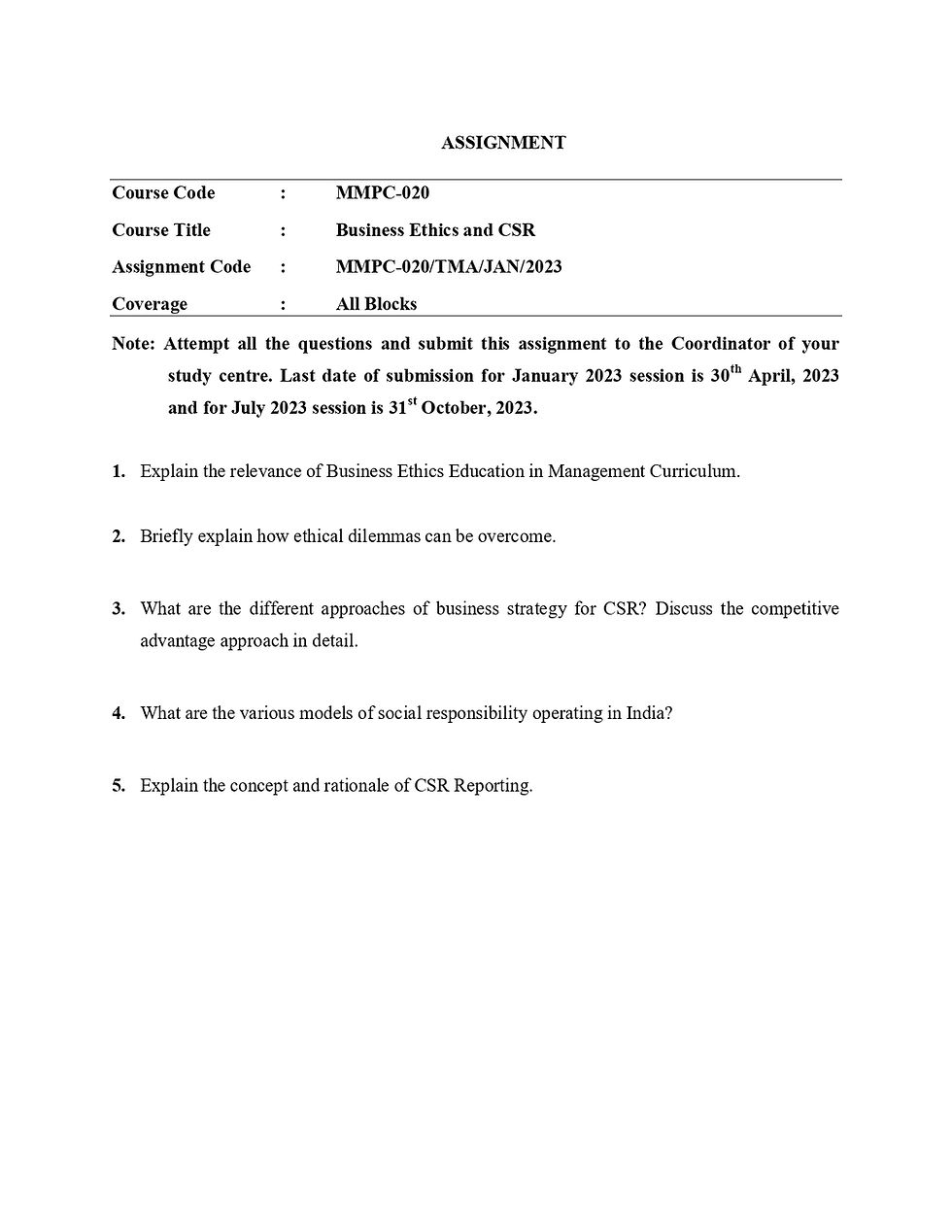 Thumbnail: MMPC-020: Business Ethics and CSR (2023)