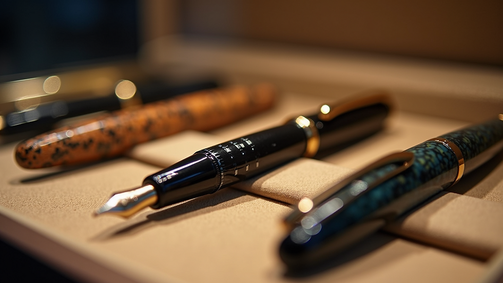 Eye-level view of a display case with luxury pens from various brands