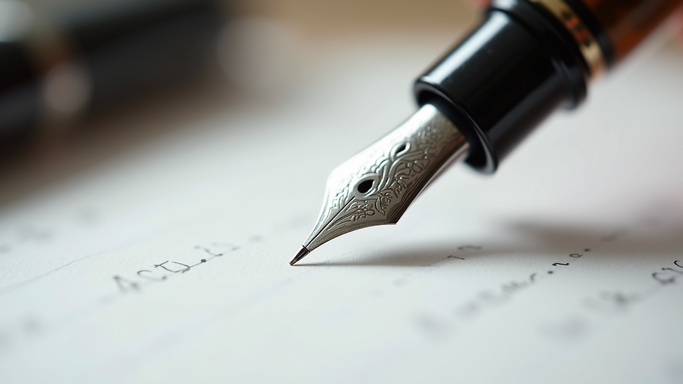 Close-up view of a fine fountain pen nib on white paper