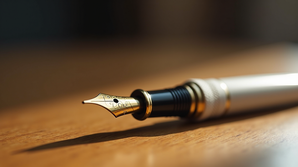Close-up view of a gold nib fountain pen on a wooden desk