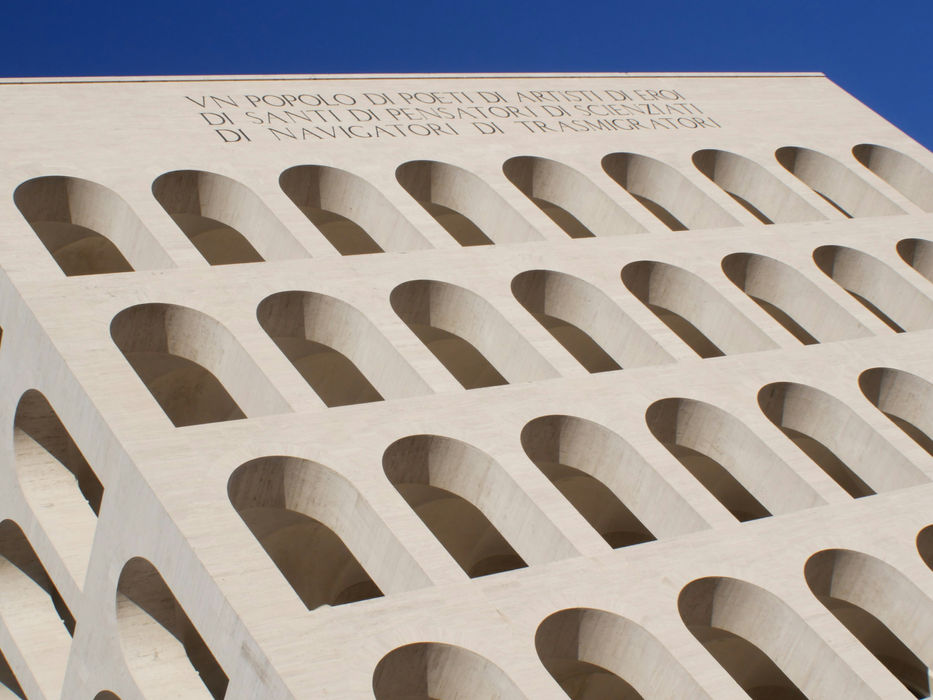 Upper façade of Palazzo della Civiltà Italiana with inscription in EUR Rome