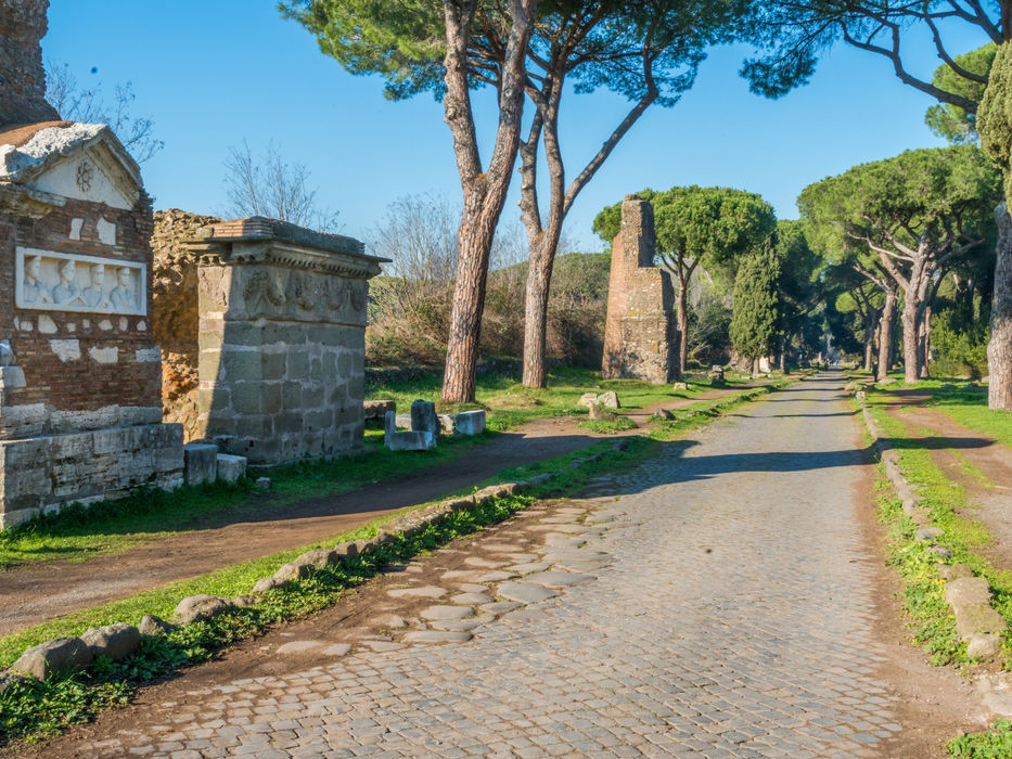 Ancient cobblestone section of the Appian Way in Rome lined with umbrella pines and Roman tombs.