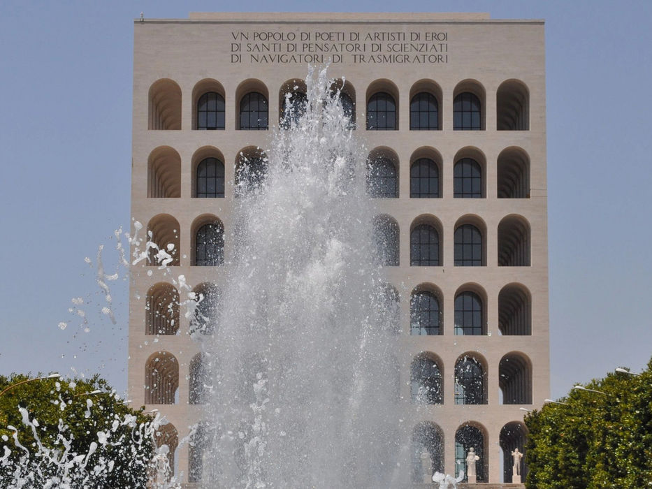 Palazzo della Civiltà Italiana with fountain in foreground, EUR Rome