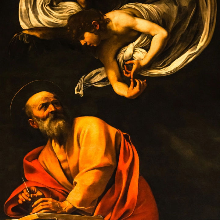 Detail of Saint Matthew and angel by Caravaggio, Contarelli Chapel Rome