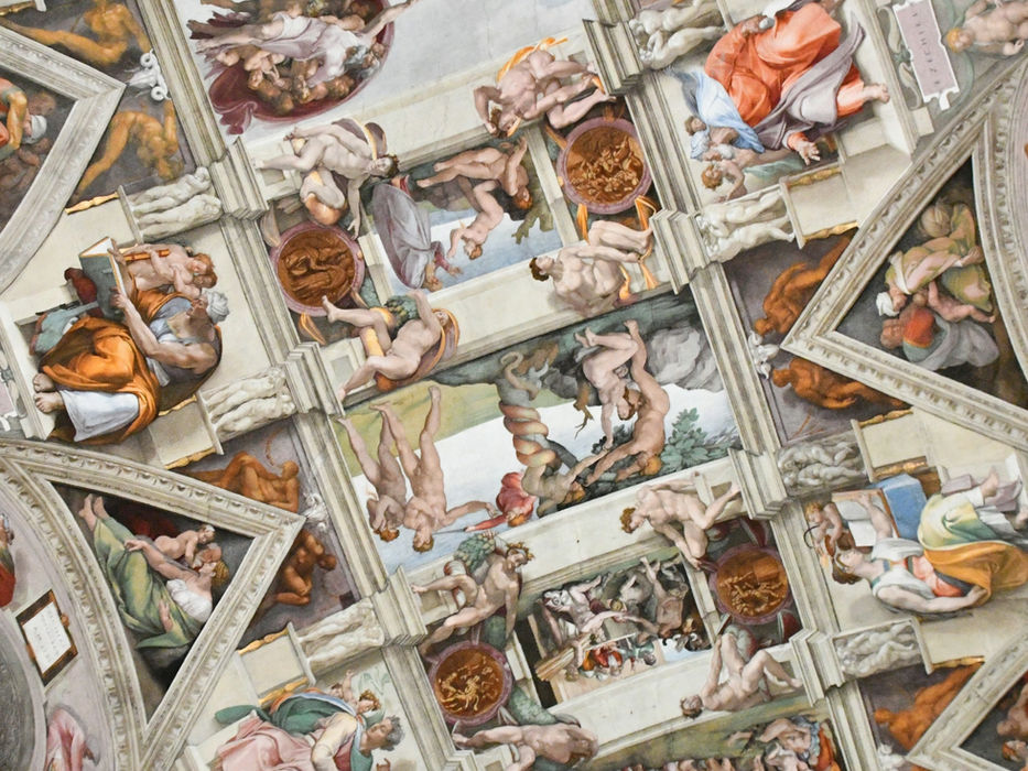 Detail of Michelangelo’s painted ceiling in the Sistine Chapel showing biblical scenes and figures from the Book of Genesis.