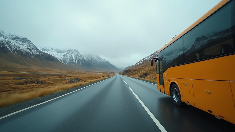 Eye-level view of a sleek bus driving along a scenic Icelandic mountain road