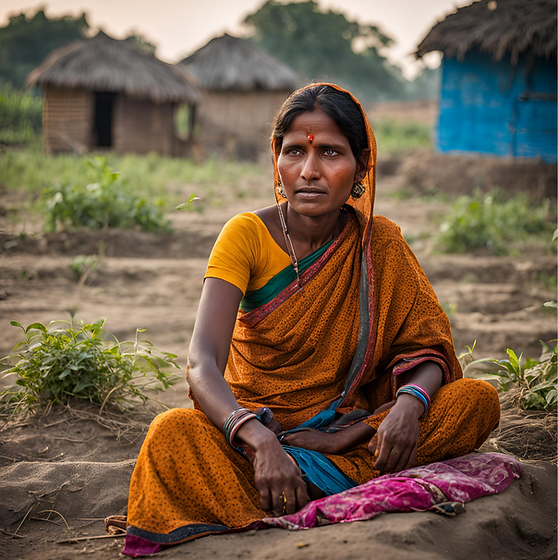 Image of a woman wearing an orange saree and sitting on the ground in a farm