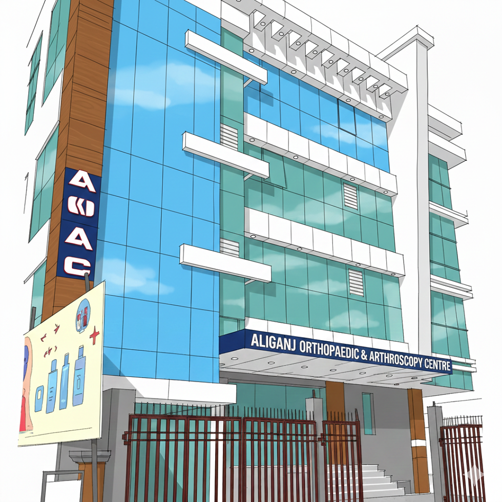 Eye-level view of modern orthopaedic hospital entrance with clear signage