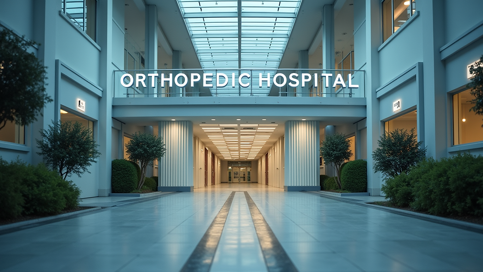 Eye-level view of a modern orthopaedic hospital entrance with clear signage