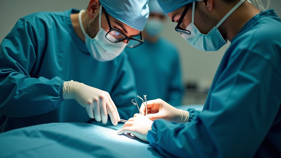 Close-up view of orthopaedic surgeon preparing for joint replacement surgery