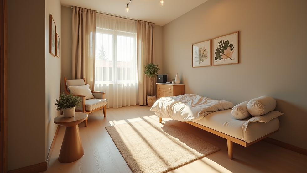 Eye-level view of a cozy birthing space with soft lighting and comfortable seating