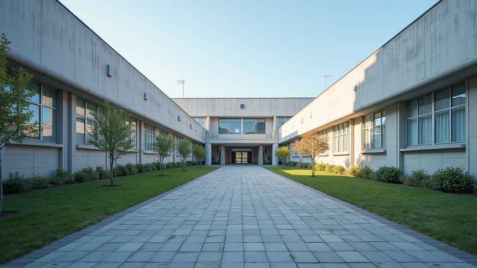 eye-level view of a modern public school building in Sakai City Nakaku
