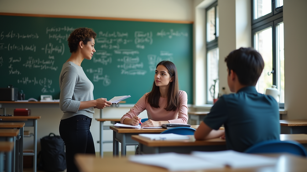 Eye-level view of a small classroom with a tutor explaining a math problem to two students