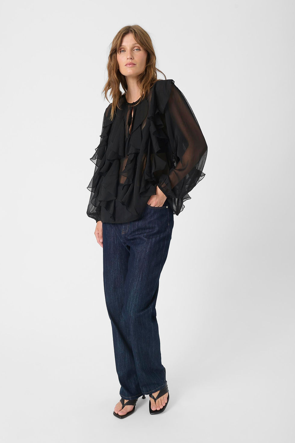 Thumbnail: Harietta Frill Blouse Zwart