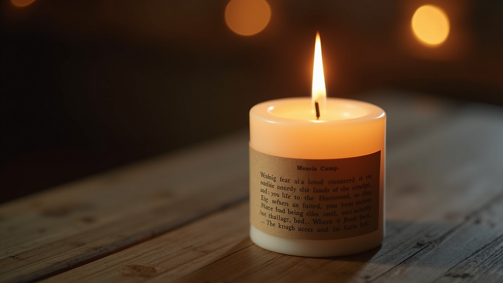 Close-up view of a lit candle with a scripture verse on the label
