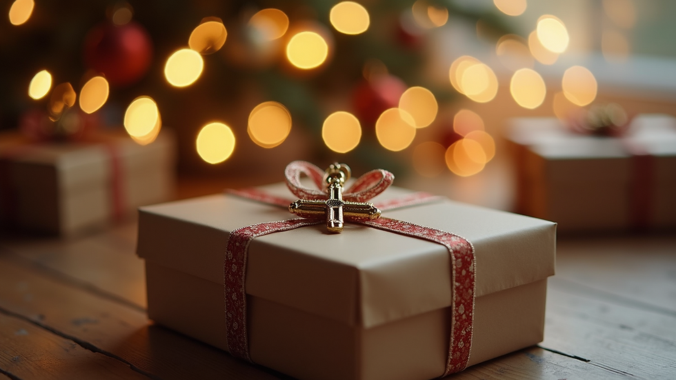 Eye-level view of a beautifully wrapped gift box with a ribbon and a small cross ornament