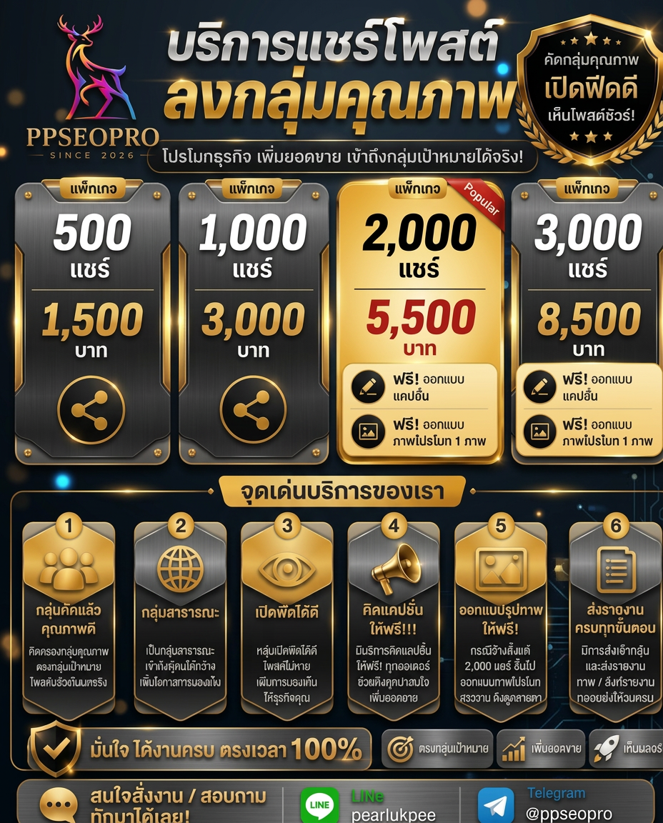 โปสเตอร์แพ็กเกจบริการแชร์โพสต์ลงกลุ่ม Facebook