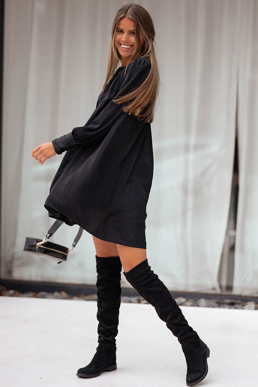 Thumbnail: Rowan Solid Bishop Sleeve Pleated Mini Dress