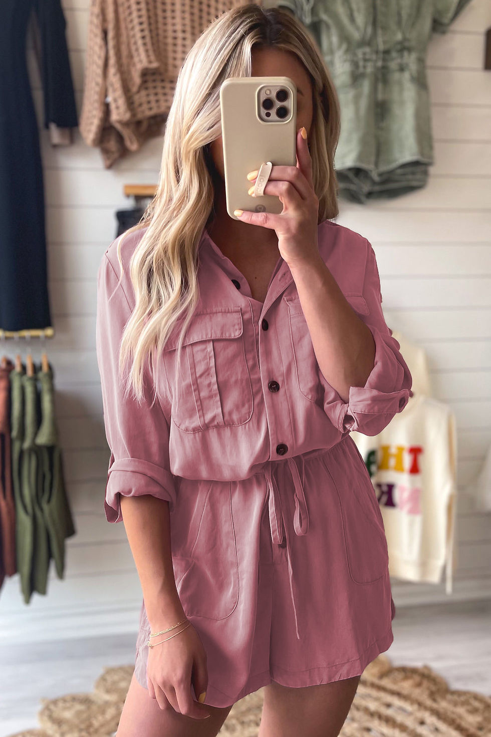 Thumbnail: Reese Roll up Sleeve Flap Pockets Drawstring Rompe