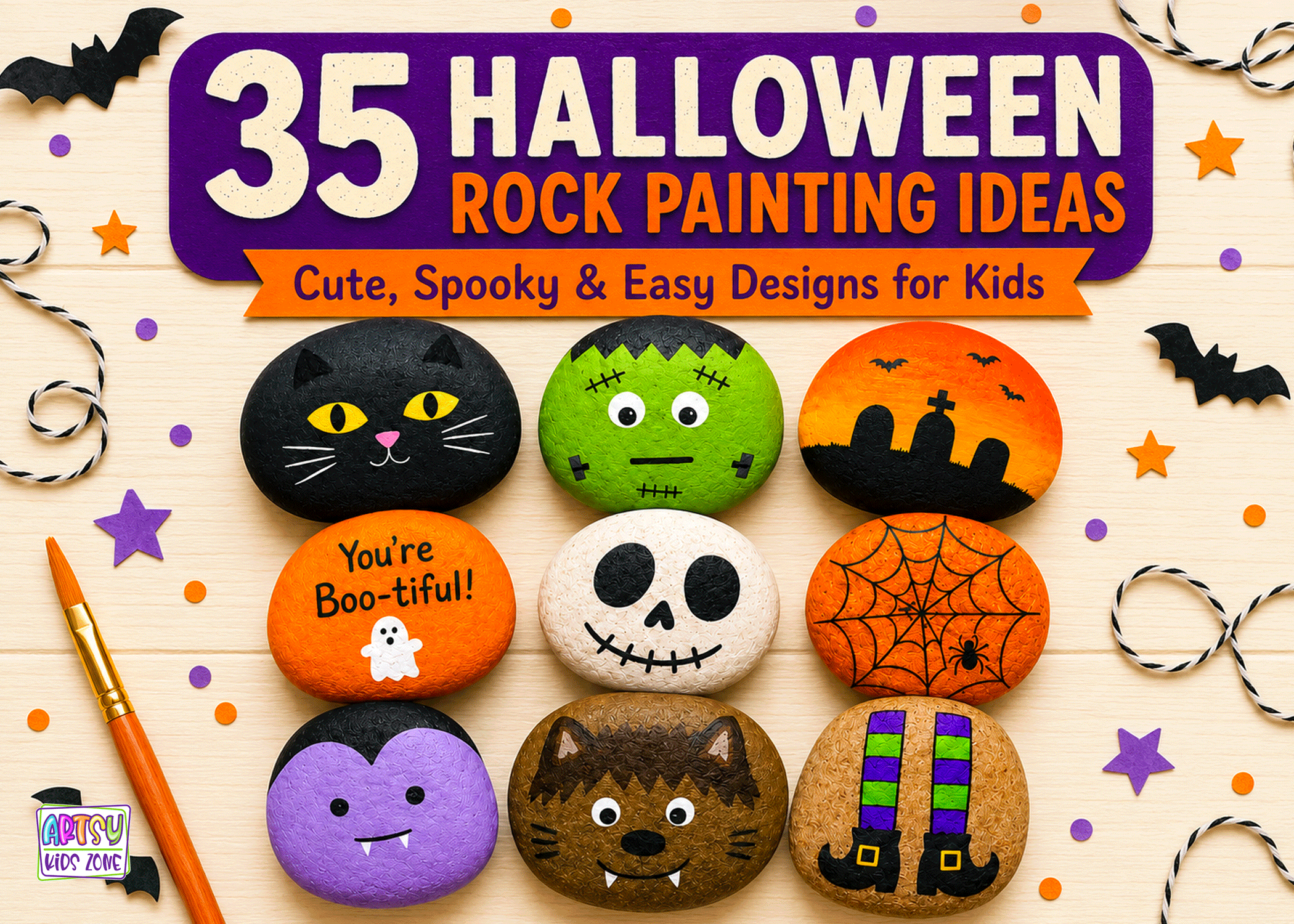 Halloween themed painted rocks.