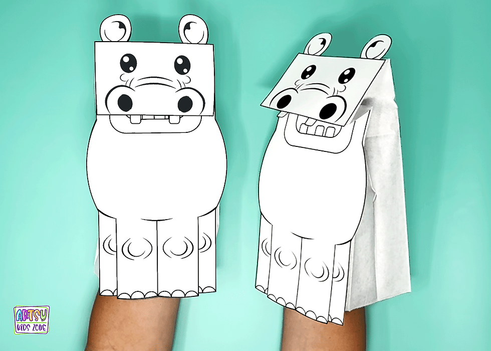 Printable Hippo Paper Bag Puppet – Black & White DIY Craft for Kids
