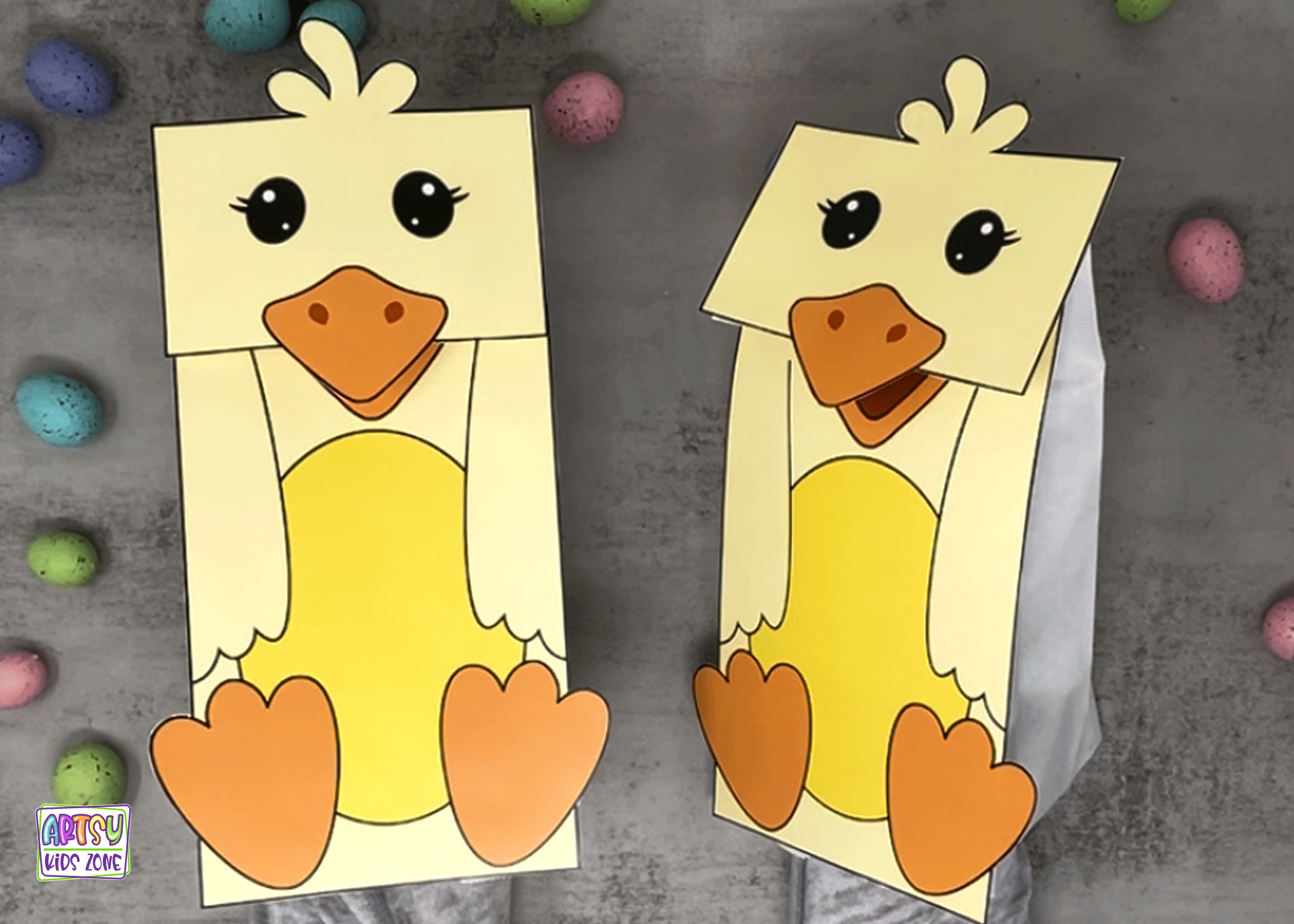 Completed Chick Paper Bag Puppet: Easter Crafts For Kids