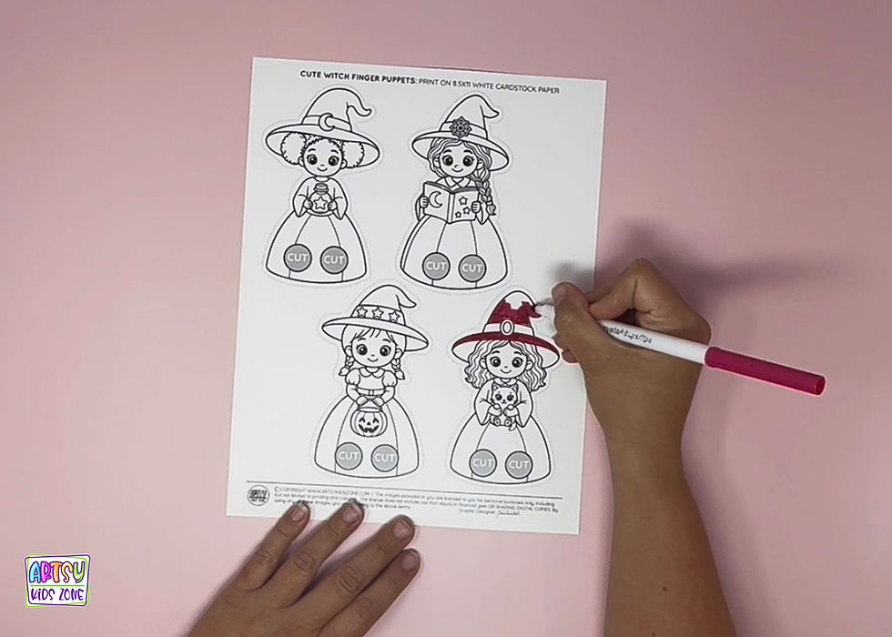 Coloring the cute witch finger puppets template.