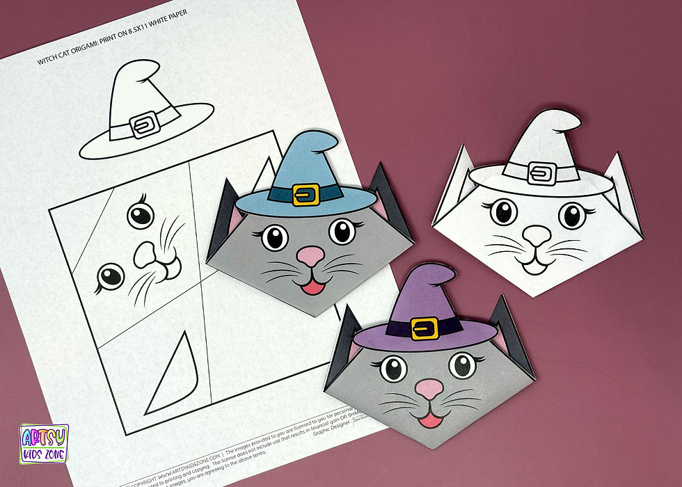 Cats folded from template wearing a festive witch's hat.