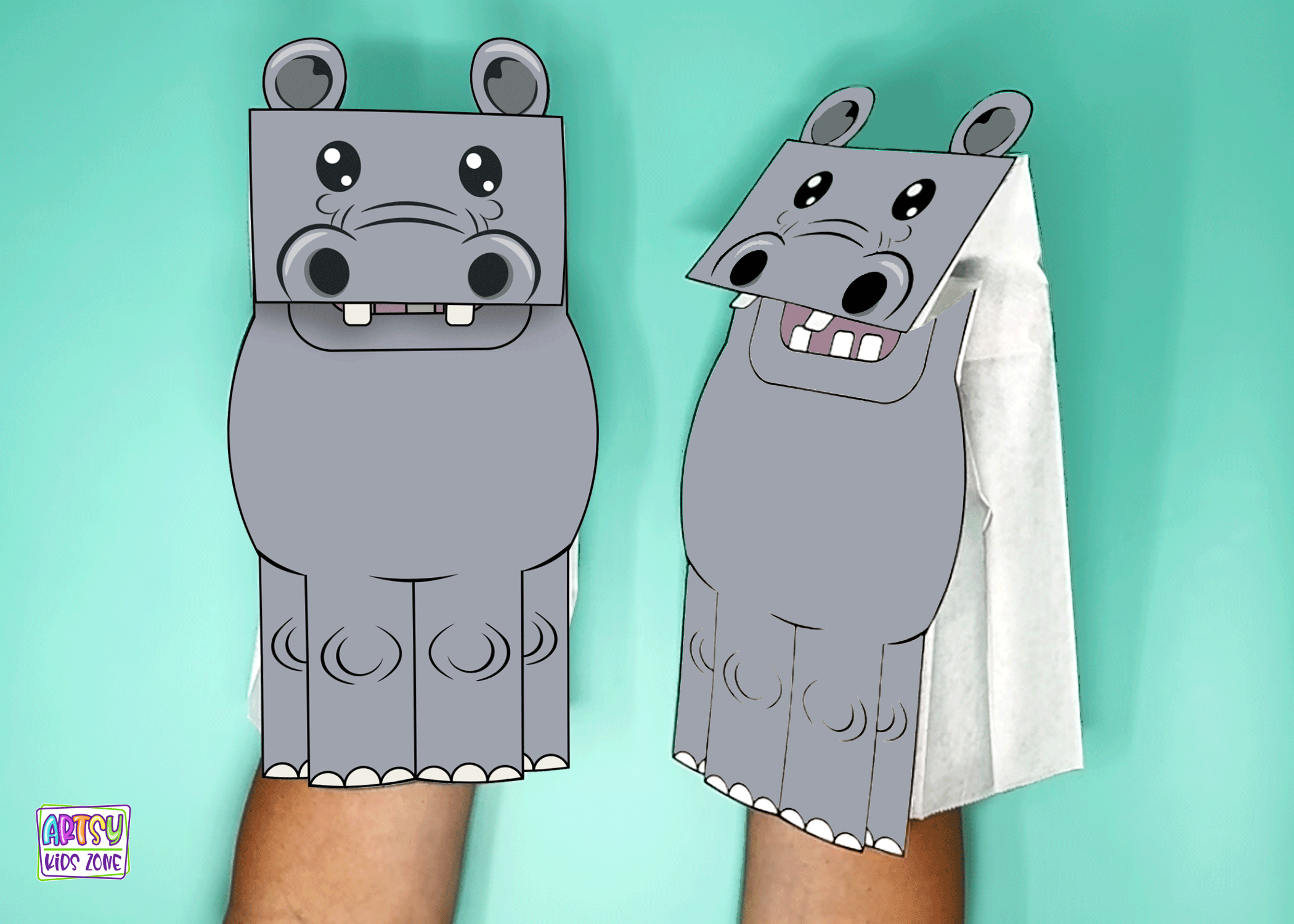 Hippo paper bag puppets.