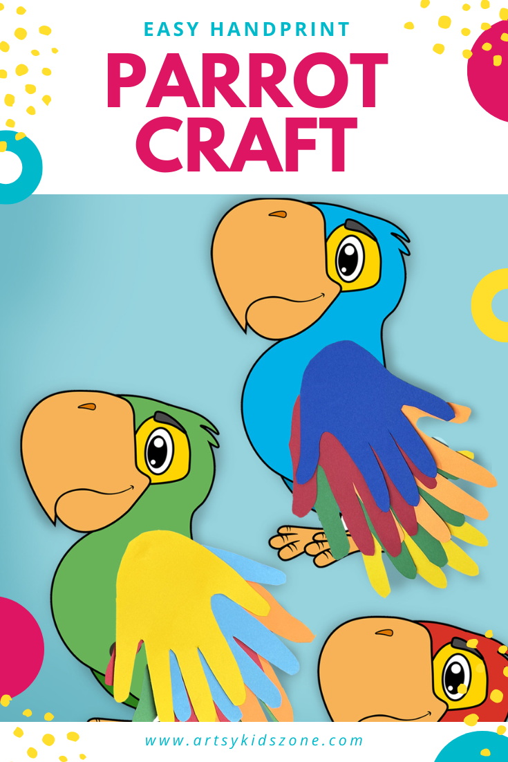 Completed Handprint Parrots on display against a bright blue background.